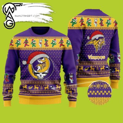 Minnesota Vikings Ugly Christmas Sweater Grateful Dead SKull And Bears